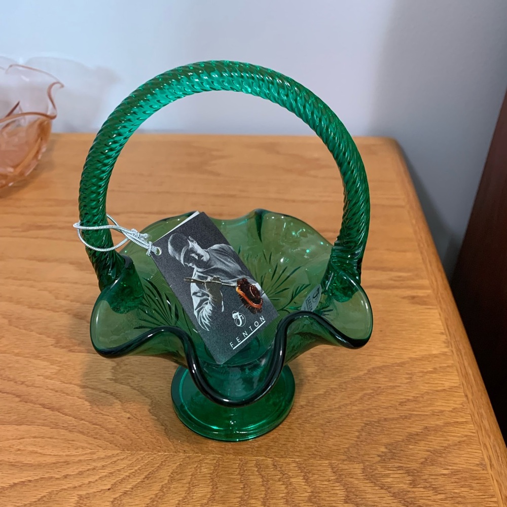Vintage with Tag Green Glass Fenton Basket